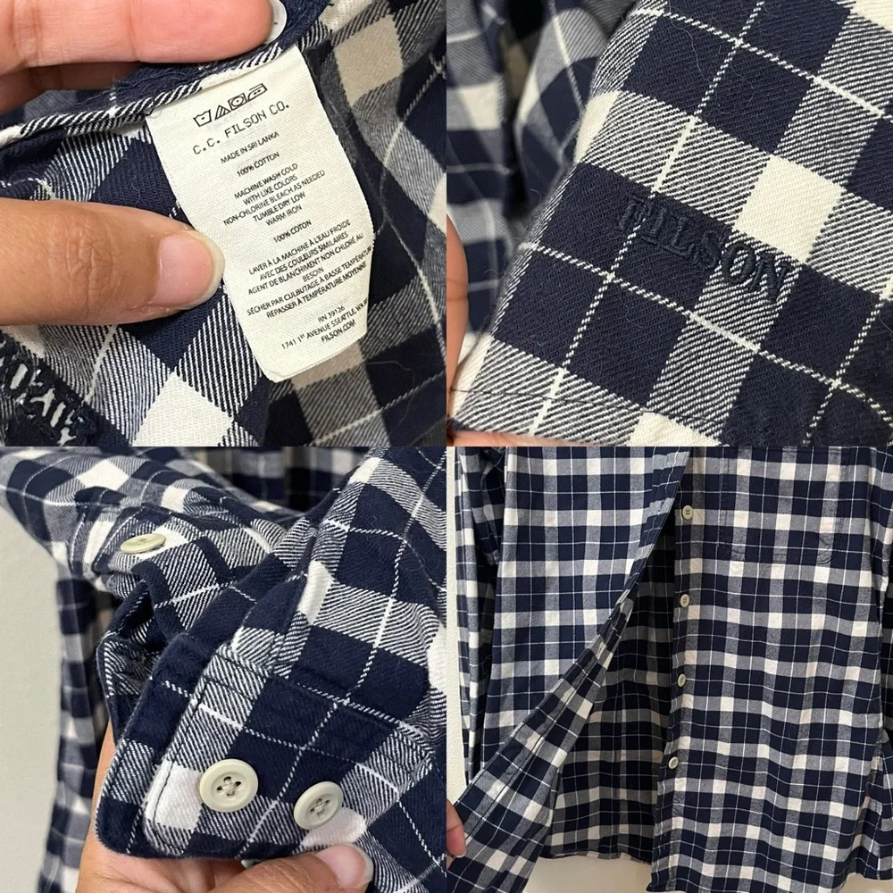 •FILSON• Classic Plaid Button Up 100% Cotton Blue Ivory - Picture 2 of 2